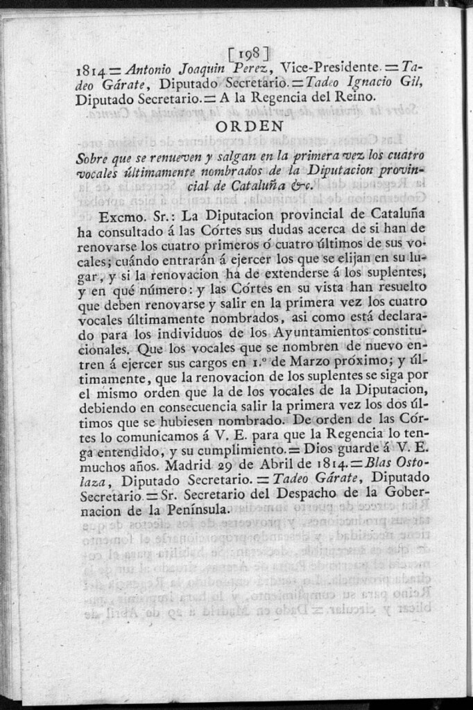 Miniatura de Sobre que se renueven y salgan en la primera vez, los cuatro vocales últimamente nombrados de la Diputación provincial de Cataluña &c.