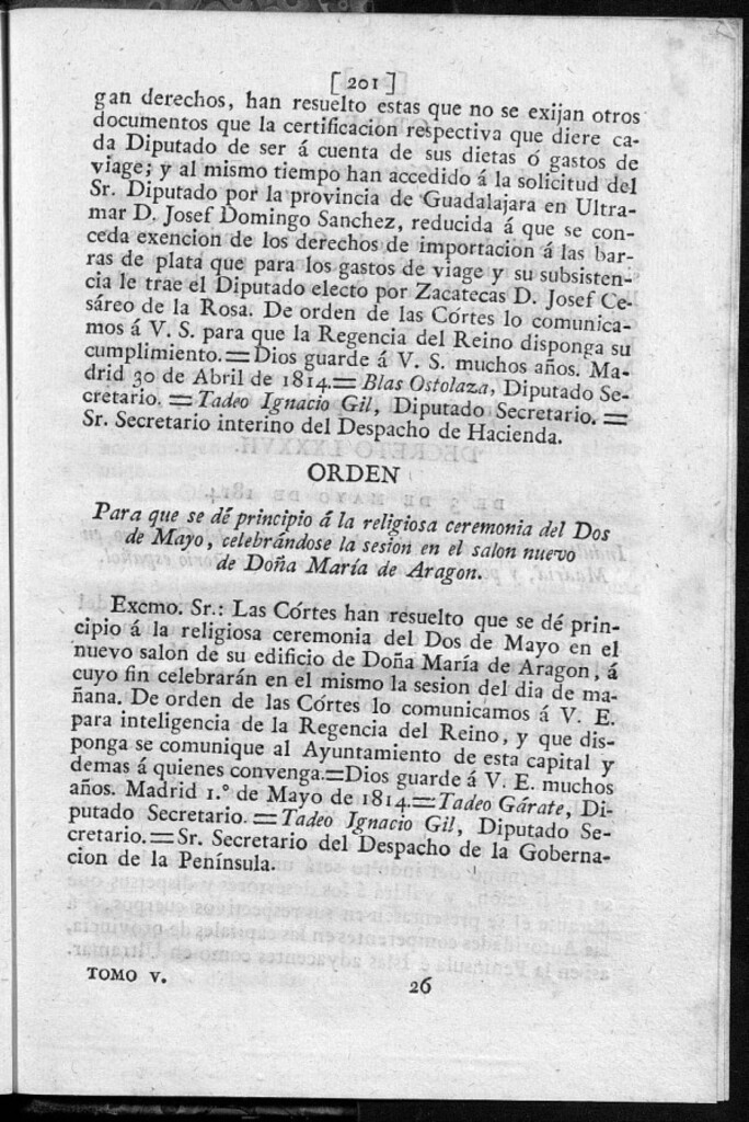 Miniatura de Para que se dé principio á la religiosa ceremonia del Dos de Mayo, celebrándose la sesión en el salón nuevo de Doña María de Aragón.