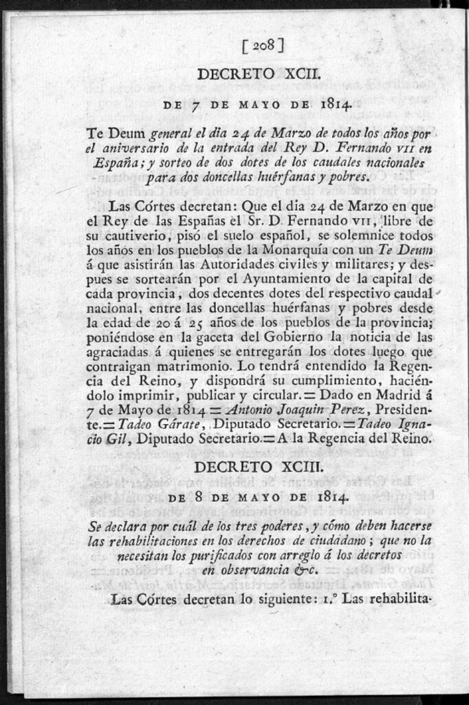 Miniatura de Te Deum general el dia 24 de Marzo de todos los años por el aniversario de la entrada del Rey D. Fernando VII en España; y sorteo de dos dotes de los caudales nacionales para dos doncellas huérfanas y pobres.