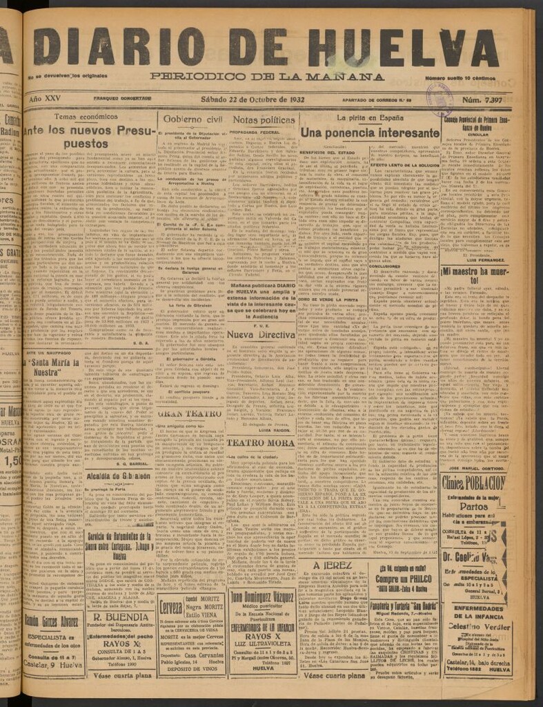 Miniatura de Diario de Huelva : periódico independiente del 22 de octubre de 1932