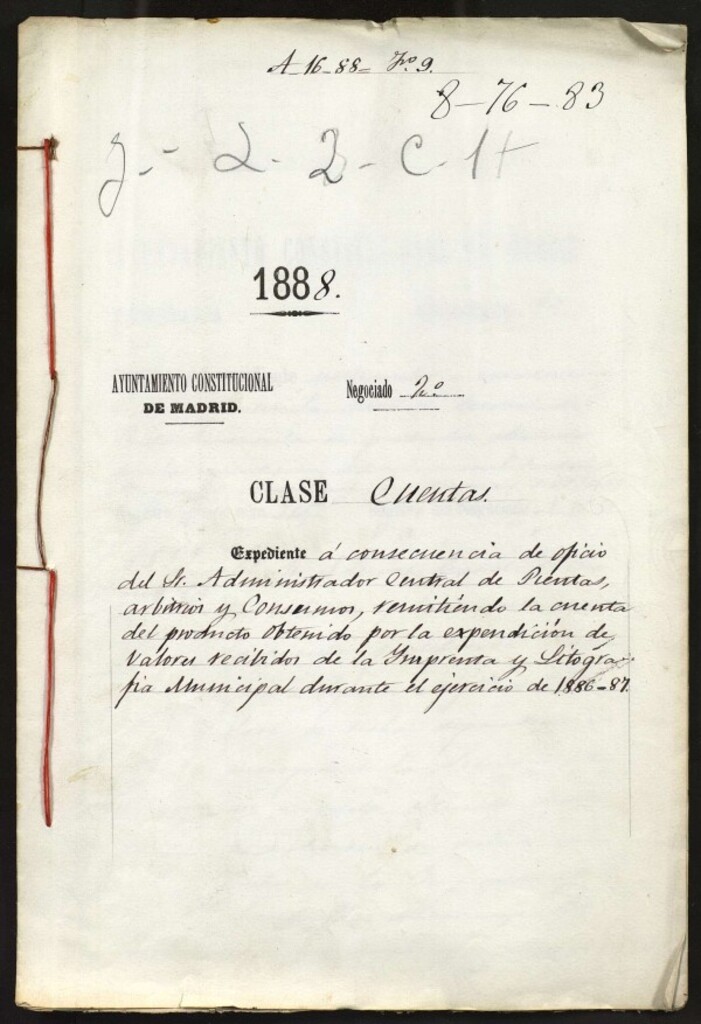 Miniatura de Expediente a consecuencia de oficio del Sr. Administrador Central de Rentas, Arbitrios y Consumos, remitiendo la cuenta del producto obtenido por la expedición de valores recibidos de la Imprenta y Litografía Municipal durante el ejercicio de 1886-87.