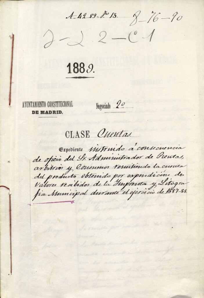 Miniatura de Expediente instruido a consecuencia de oficio del Sr. Administrador de Rentas, Arbitrios y Consumos remitiendo la cuenta del producto obtenido por expedición de valores recibidos de la Imprenta y Litografía Municipal durante el ejercicio de 1887-88.