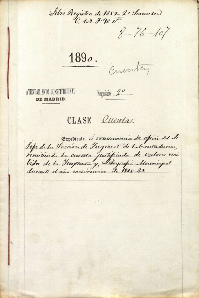 Miniatura de Expediente a consecuencia de oficio del Sr. Jefe de la Sección de Ingresos de las Contadurías, remitiendo la cuenta justificada de valores recibidos de la Imprenta y Litografía Municipal durante el año econónimo de 1988-89.