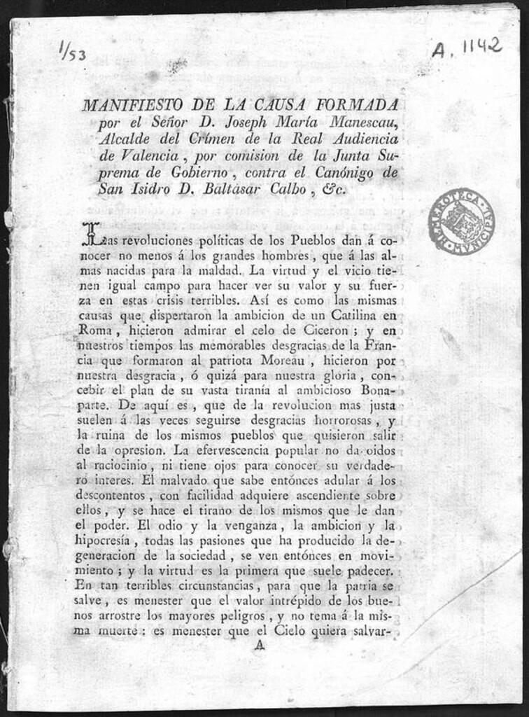 Miniatura de Manifiesto de la causa formada por el Señor D. Joseph María Manescau, Alcalde del crímen de la Real Audiencia de Valencia, por comisión de la Junta Suprema de Gobierno, contra el canónigo de S. Isidro Don Baltaser Calbo