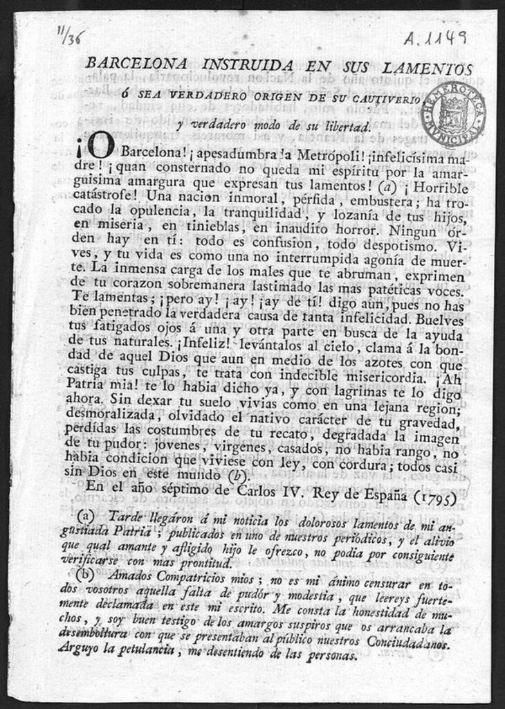 Miniatura de Barcelona instruida en sus lamentos ó sea verdadero origen de su cautiverio y verdadero modo de su libertad