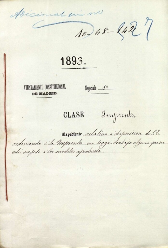 Miniatura de Expediente relativo a disposición de S. A. ordenando a la Imprenta no haga trabajo alguno que no esté sujeto a los modelos aprobados.