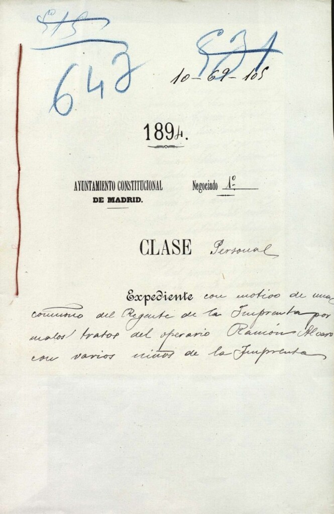 Miniatura de Expediente con motivo de una comunicación del Regente de la Imprenta por malos tratos del operario Ramón Álvaro con varios niños de la Imprenta.