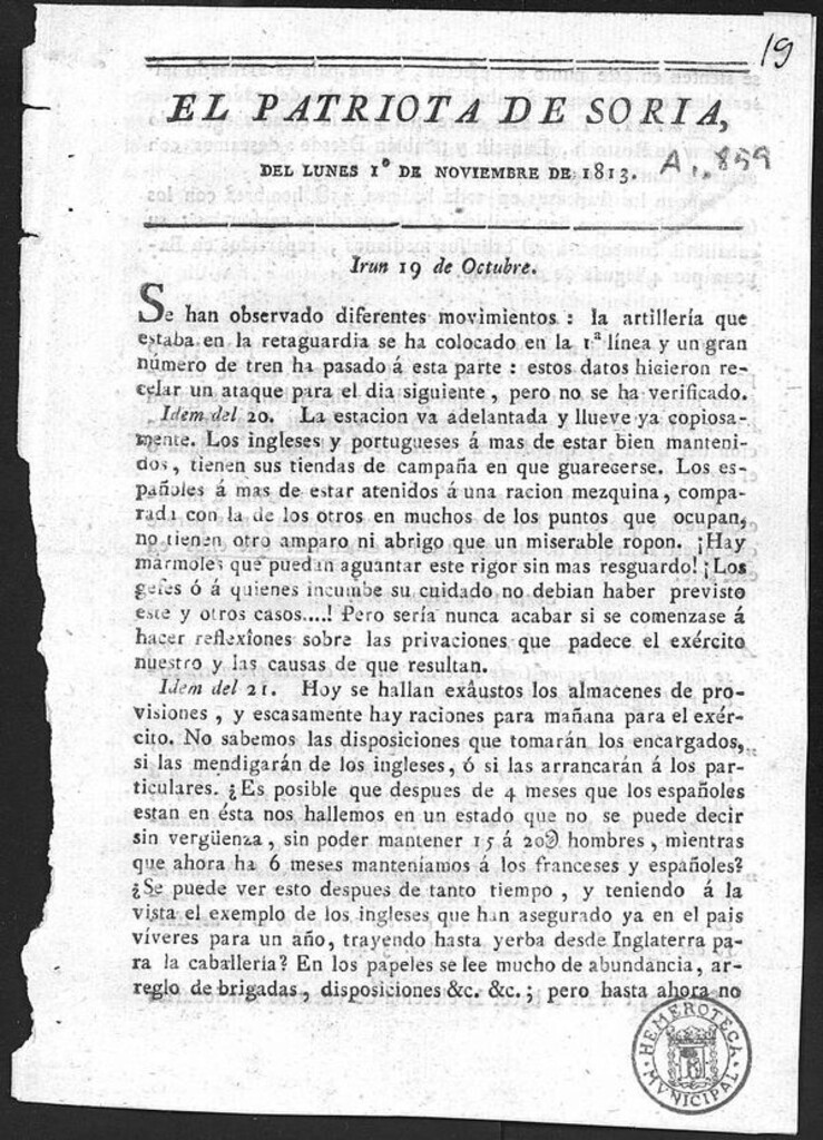 Miniatura de El patriota de Soria del día lunes 1 de Noviembre de 1813