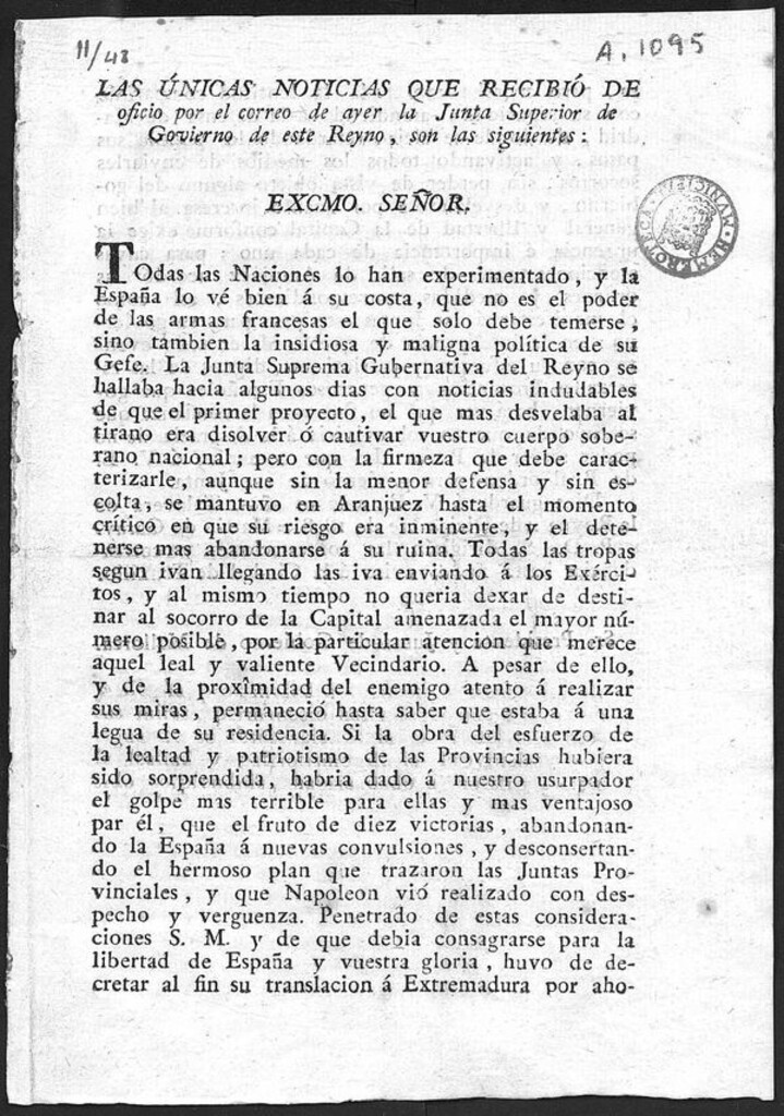 Miniatura de Las Únicas Noticias que recibió de oficio por el correo de ayer la Junta superior de Govierno de este Reyno, son las siguientes: