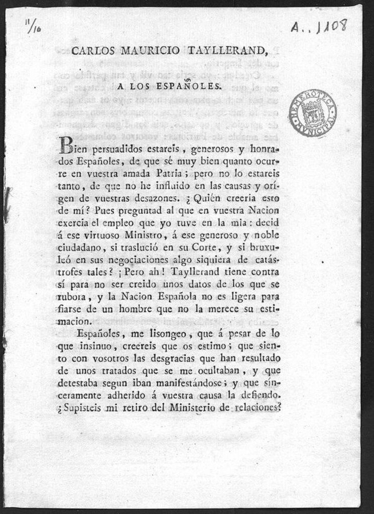 Miniatura de Carlos Mauricio Tayllerand a los españoles