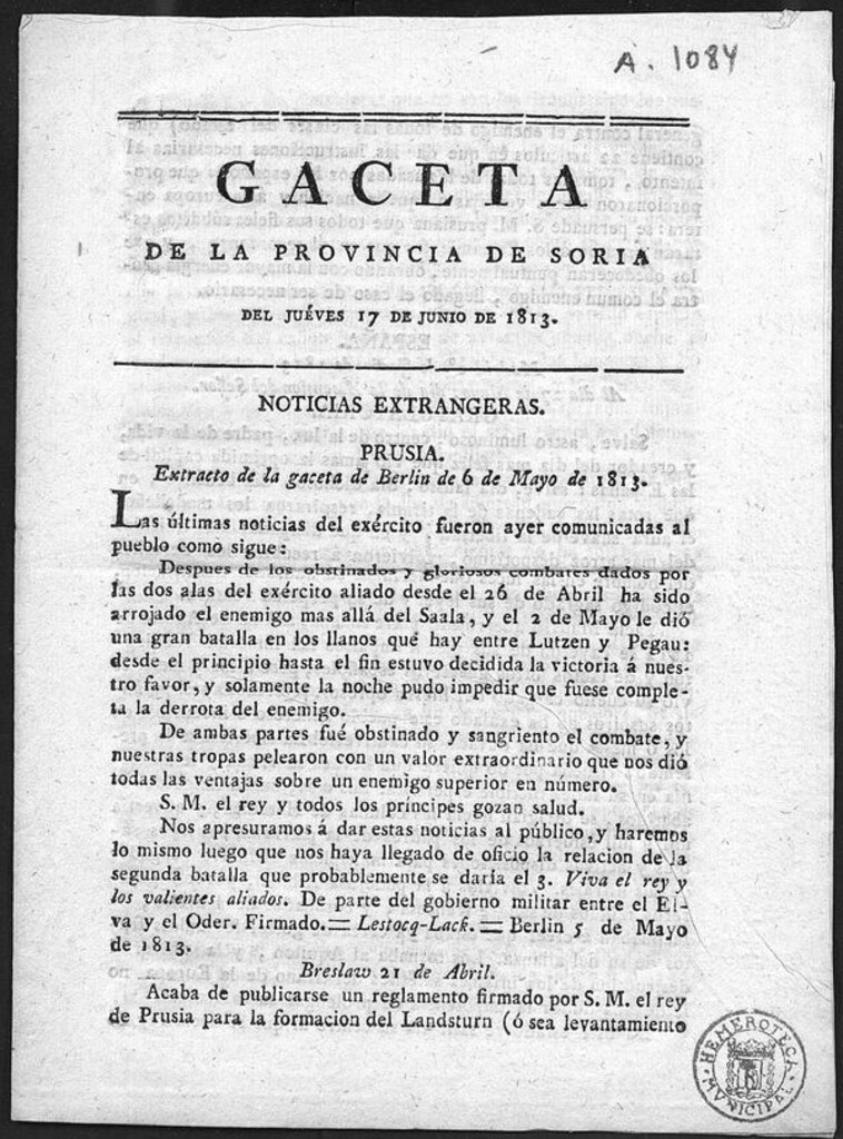 Miniatura de Gaceta de la Provincia de Soria del jueves 17 de Junio de 1813