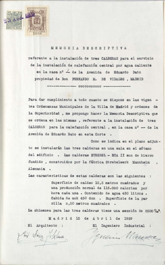Miniatura de Expediente a instancia de Fernando M. de Vidales solicitando licencia para instalar 3 calderas de calefacción para agua caliente en la avenida Eduardo Dato 8 (actuales Juzgados de lo Contencioso-Administrativo y de Primera Instancia)