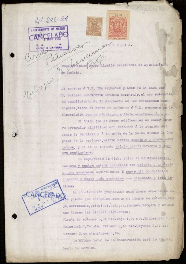 Miniatura de Planos del proyecto de edificación de viviendas para D. Eulogio Echevarría. Posteriormente pasó a propiedad del vizconde de Escoriaza