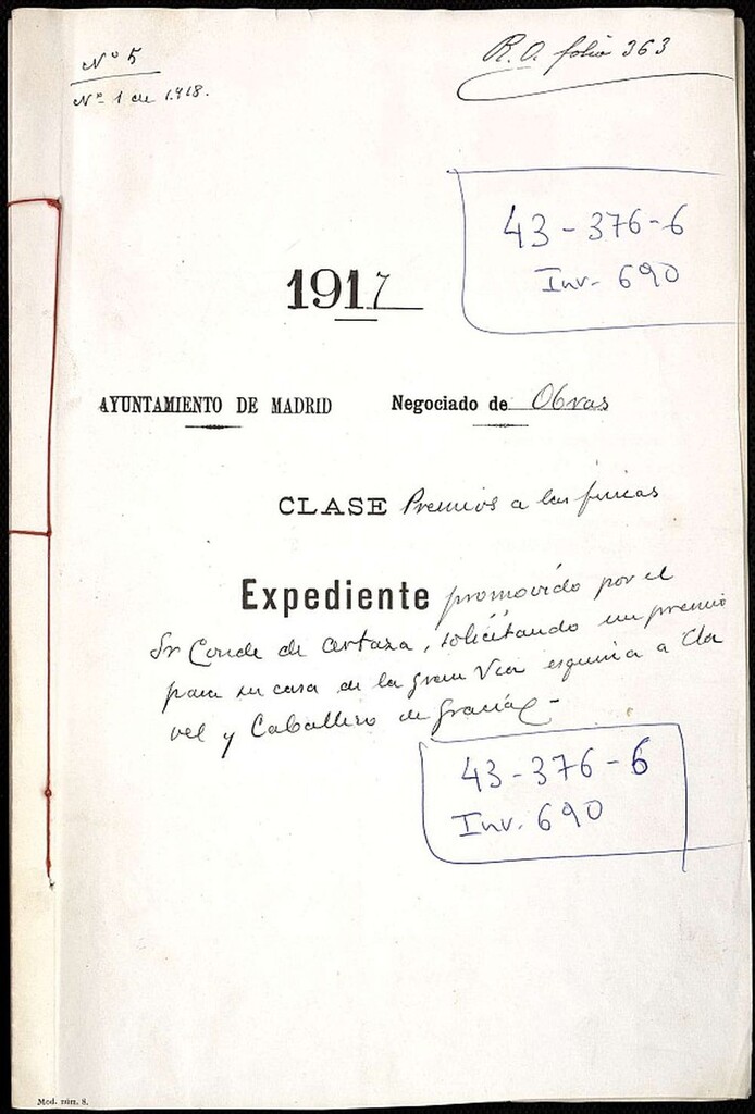 Miniatura de Expediente promovido por el Sr. Conde de Artaza solicitando un premio para su casa en la Gran Vía esquina a Clavel y Caballero de Gracia
