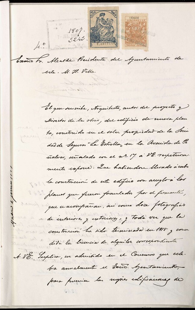 Miniatura de Expediente promovido por D. Pedro Mathet Rodríguez solicitando premio para su casa nº 17 de la avenida del Conde de Peñalver