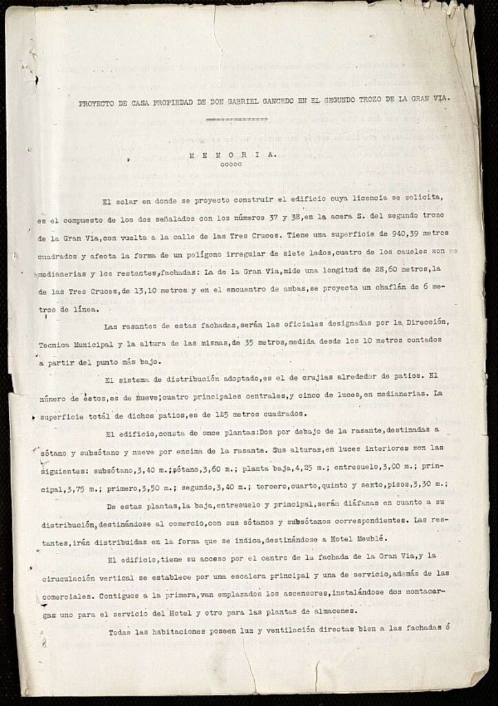 Miniatura de Memoria de proyecto constructivo de casa de comercio y Hotel Gran Vía propiedad del Sr. Gancedo