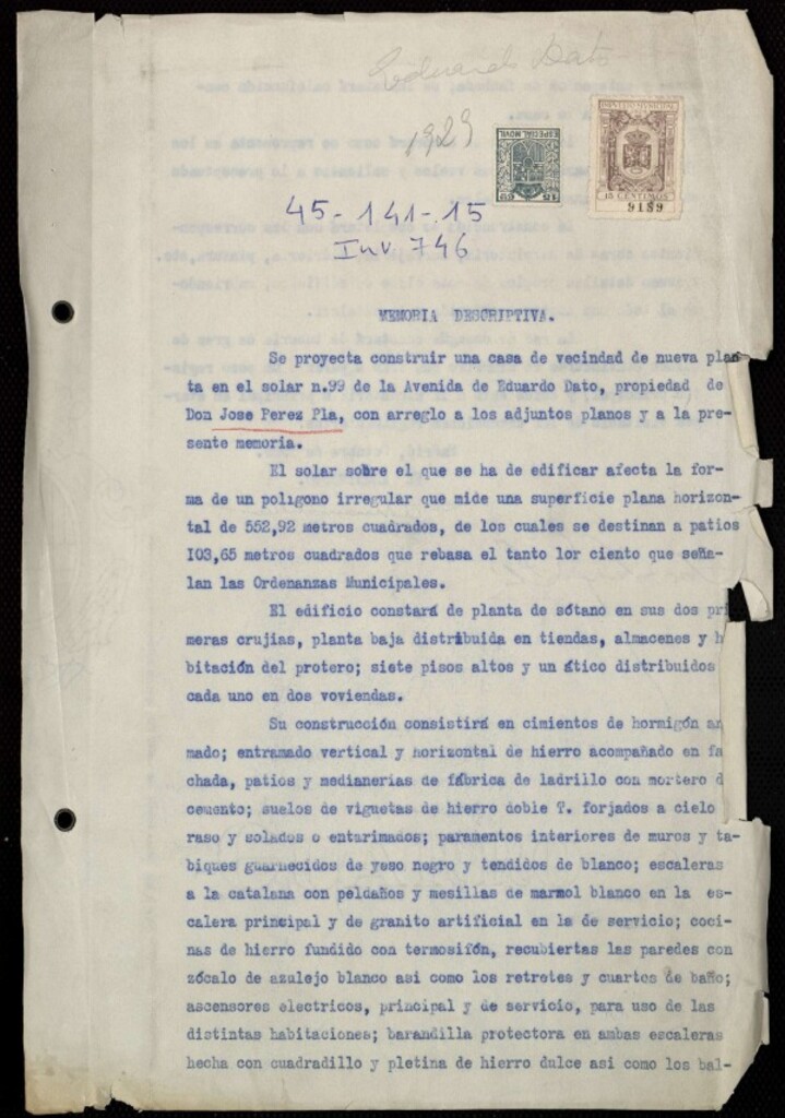 Miniatura de Memoria y planos para construir una casa de vecindad de nueva planta en el solar 99 de la Avenida Eduardo Dato propiedad en del Don José Pérez Pla