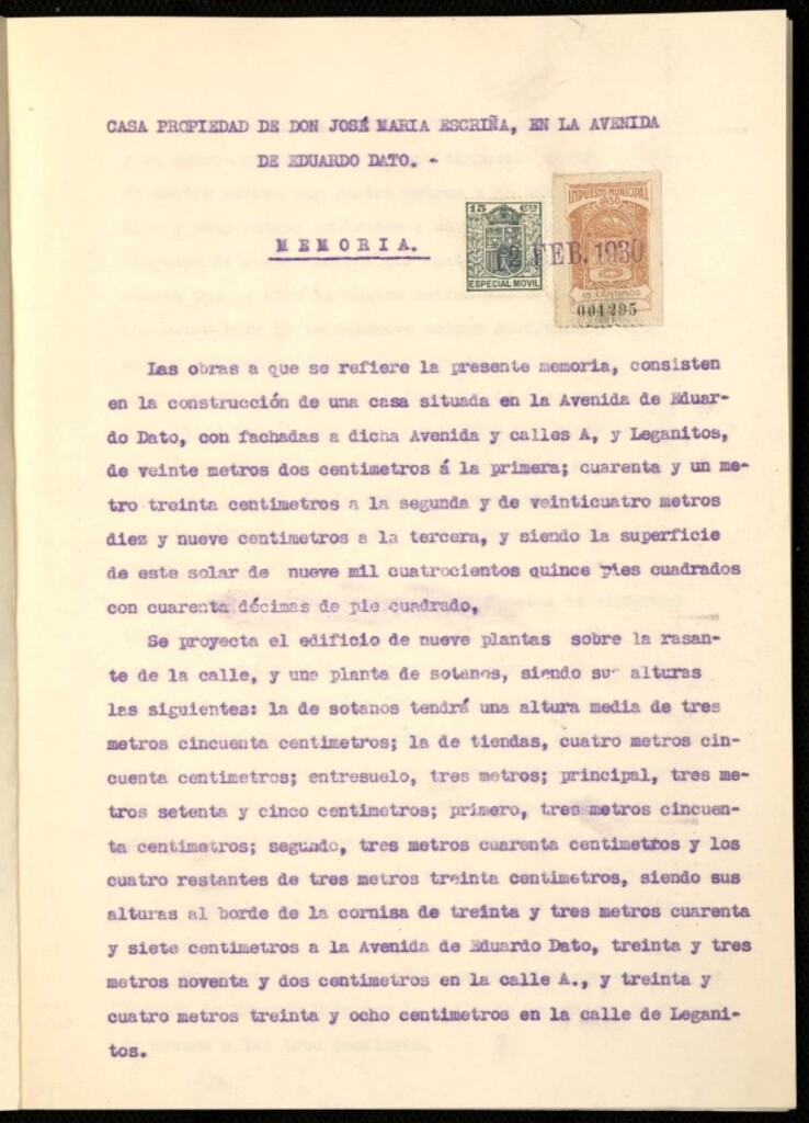 Miniatura de Memoria constructiva de casa propiedad de D. José María Escriña en la Avenida Eduardo Dato (Actual Gran Vía). Fachada a Avenida Eduardo Dato, calle A y Leganitos