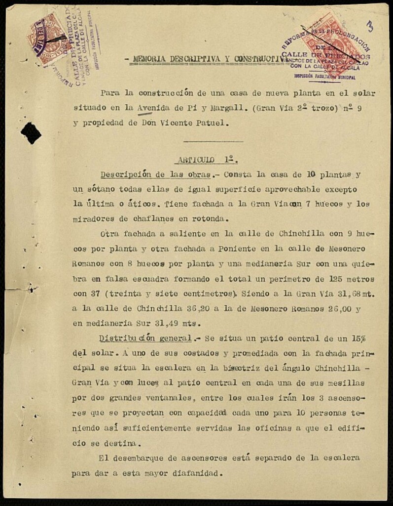 Miniatura de Memoria de proyecto constructivo de edificio de oficinas para D. Vicente Patuel
