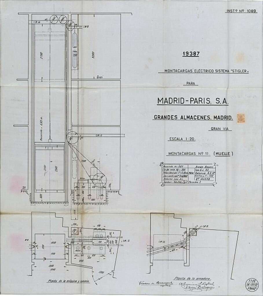 Miniatura de Memoria de instalación de ascensores y montacargas de los Grandes Almacenes Madrid-París (actuales oficinas y comercios)
