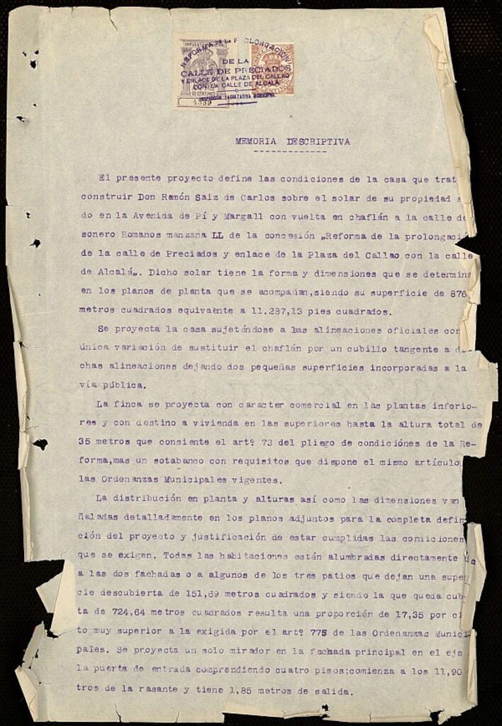 Miniatura de Memoria de proyecto de construcción de edificio de Viviendas y oficinas para D. Ramón Saiz de Carlos y Hotel Regente