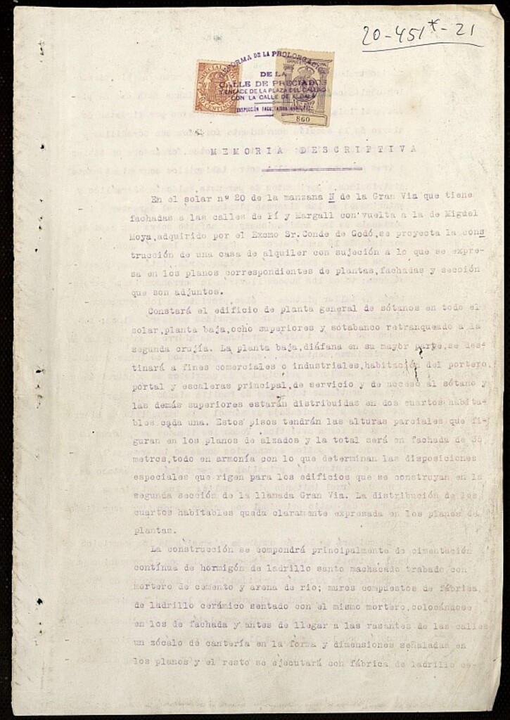 Miniatura de Memoria descriptiva y constructiva de construcción de casas para el Excmo. Sr Conde de Godó