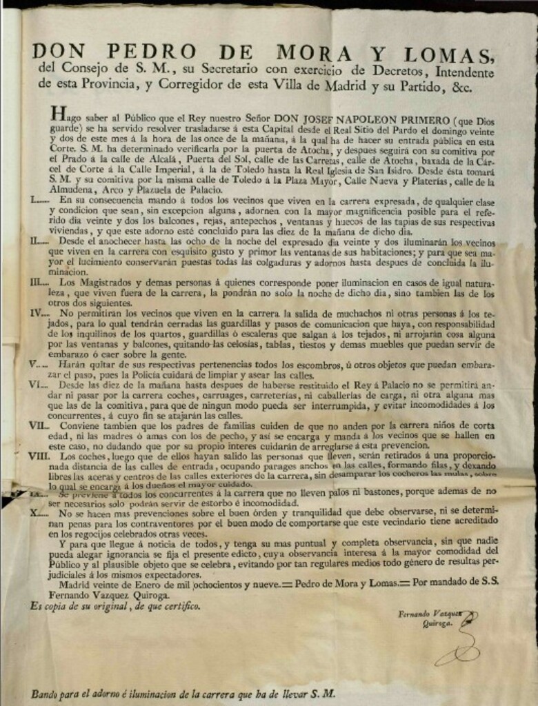 Miniatura de Bando sobre el comportamiento que los vecinos de Madrid han de observar en la entrada pública de S. M. José I hecha en Madrid a 22 de enero de 1809.