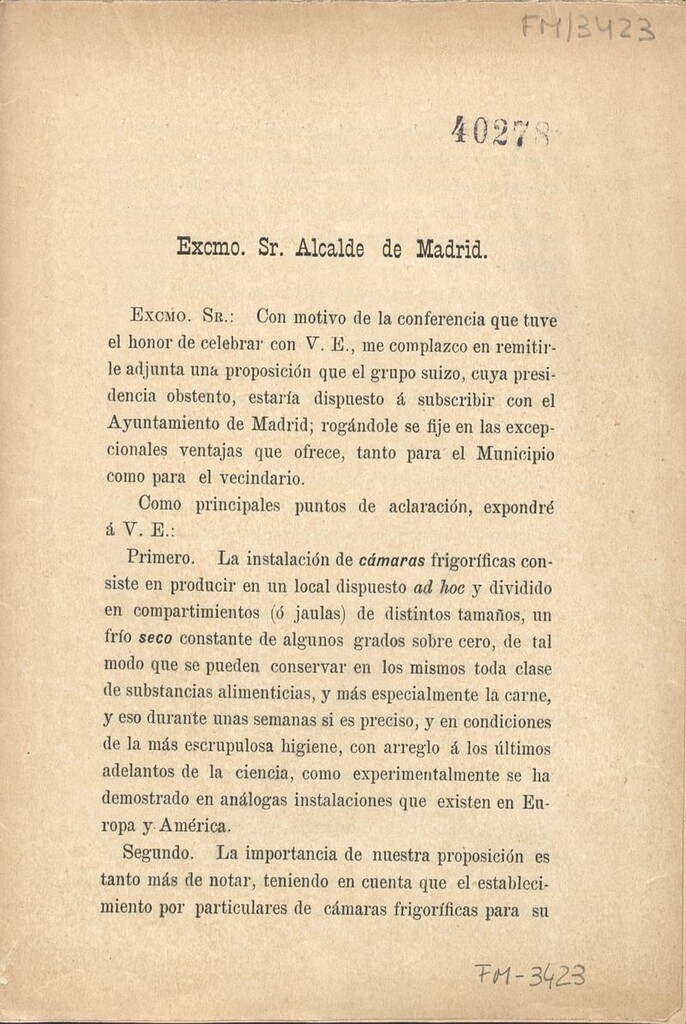 Miniatura de Exposición y proyecto presentado al Alcalde de Madrid por Louis Foilloux, Président du Syndicat des frigorifiques de Genève, para instalar y explotar en el mercado de los Mostenses un almacén frigorífico y una fábrica de hielo