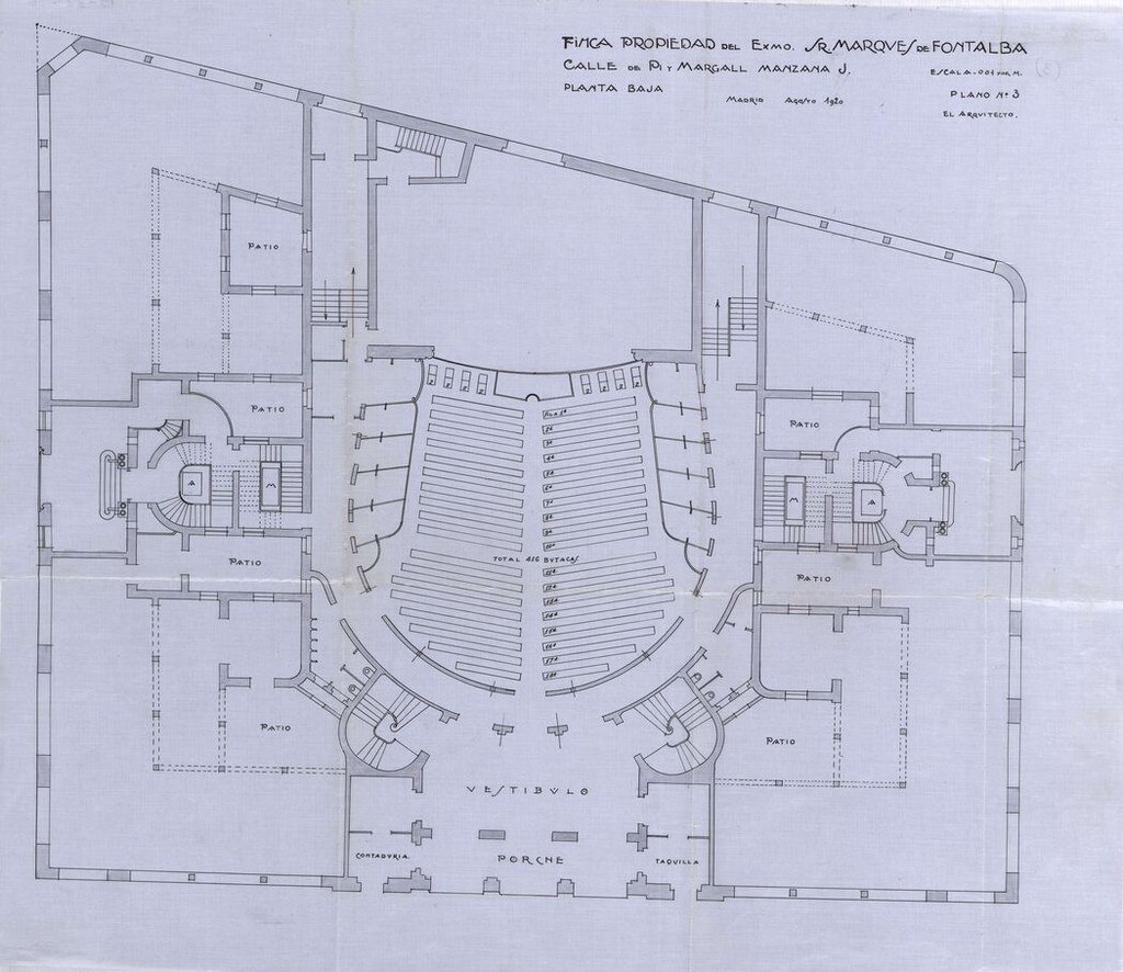 Miniatura de Plano de la planta baja del proyecto de construcción del desaparecido teatro Fontalba, Gran Vía 30