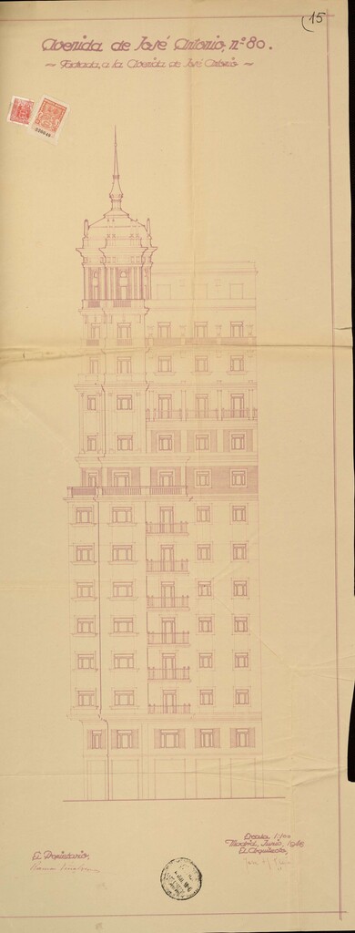 Miniatura de Fachada a la avenida de José Antonio de edificio de viviendas y oficinas. Gran Vía 80