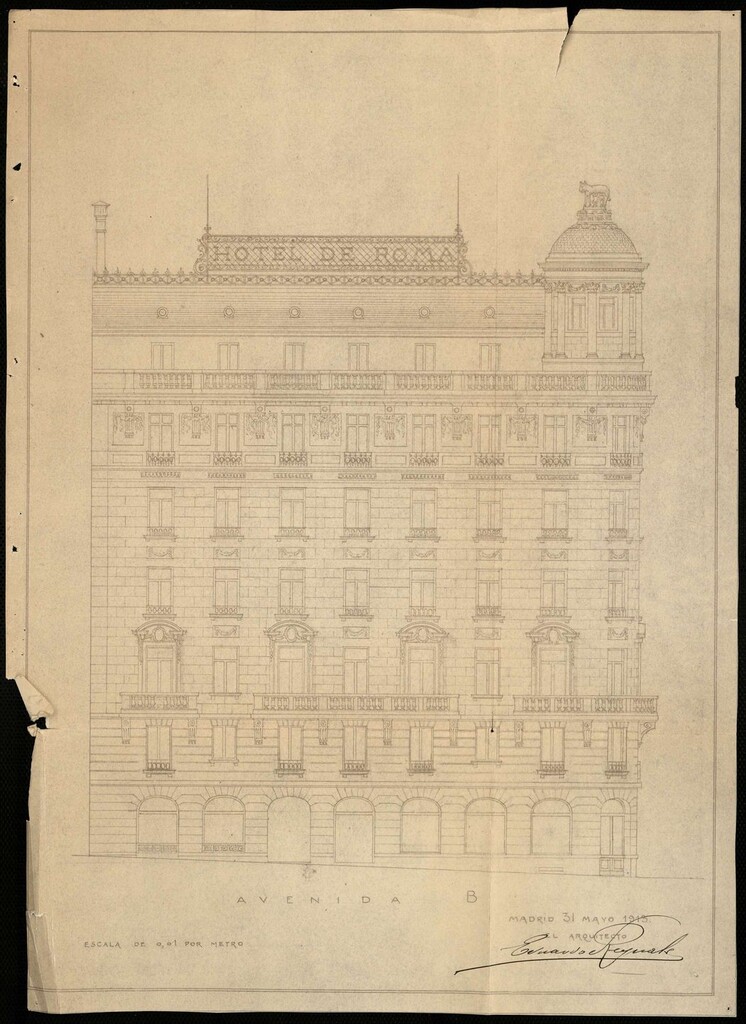Miniatura de Fachada del proyecto de construcción del antiguo Hotel Roma, hoy Consejería de Justicia de la Comunidad de Madrid, Gran Vía 18