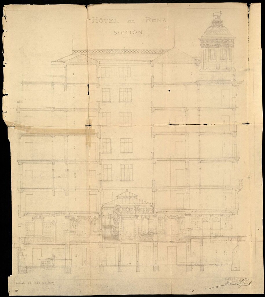 Miniatura de Sección del proyecto de construcción del antiguo Hotel Roma, hoy Consejería de Justicia de la Comunidad de Madrid, Gran Vía 18