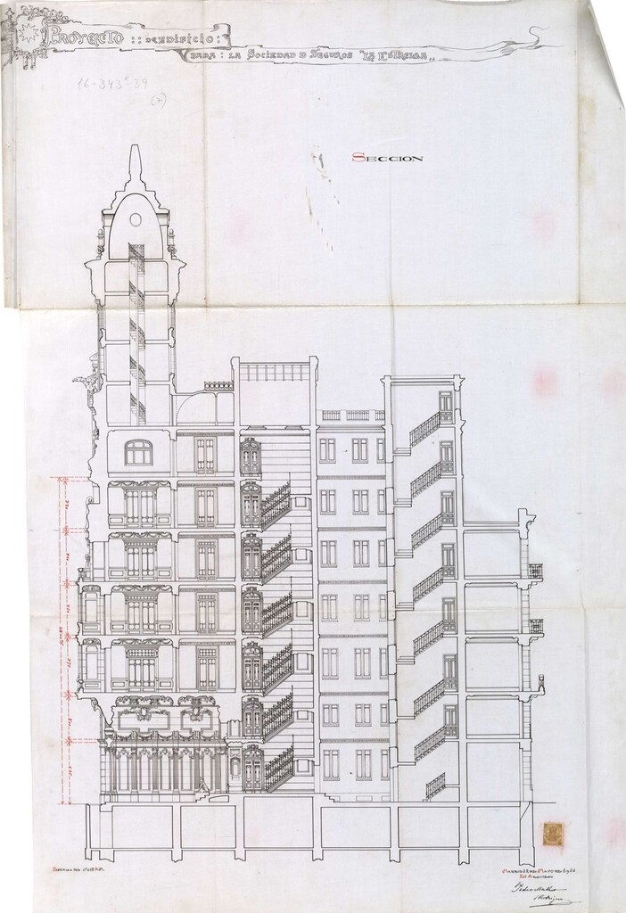 Miniatura de Sección del proyecto de construcción de la Sociedad de Seguros La Estrella, Gran Vía 10