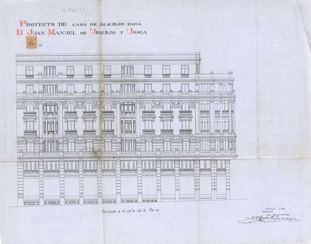 Miniatura de Fachada a la calle de la Reina del proyecto de construcción del edificio de viviendas y oficinas para el marqués de Urquijo, Gran Vía 6