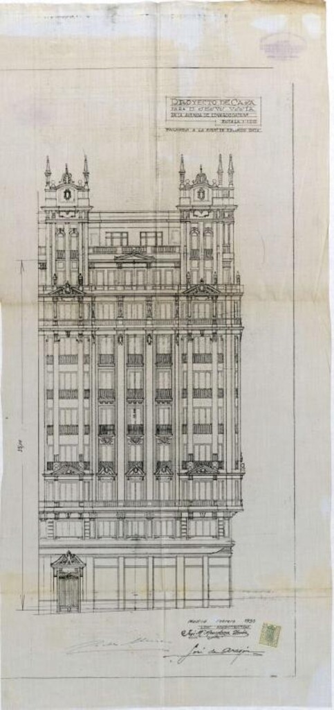 Miniatura de Fachada a la avenida de Eduardo Dato del edificio de viviendas y oficinas para D. Jesús Ussía y Cubas y cine Azul, Gran Vía 76