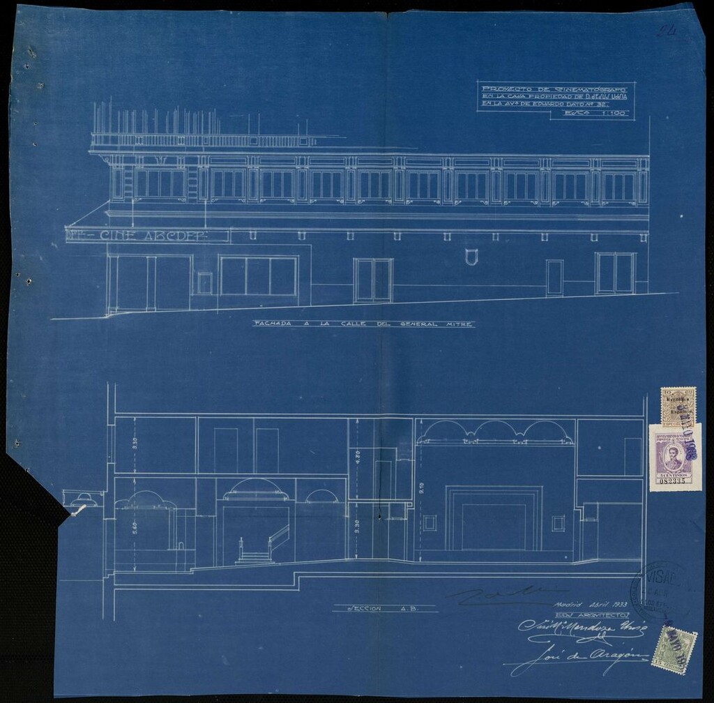 Miniatura de Sección del proyecto de cinematógrafo instalado en el edificio de viviendas y oficinas propiedad de D. Jesús Ussía y Cubas y cine Azul, Gran Vía 76