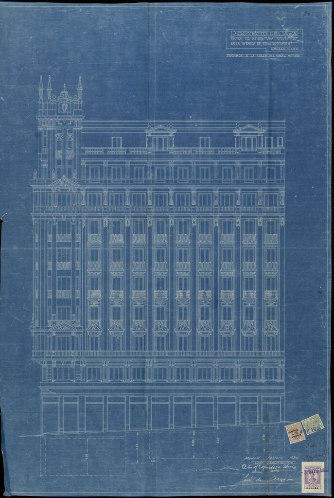 Miniatura de Fachada a la calle General Mitre del edificio de viviendas y oficinas propiedad de D. Jesús Ussía y Cubas y cine Azul, Gran Vía 76