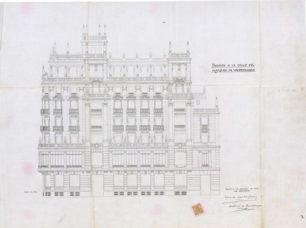 Miniatura de Fachada a la calle del Marqués de Valdeiglesias del proyecto de construcción del Casino de la Gran Peña, Gran Vía 2