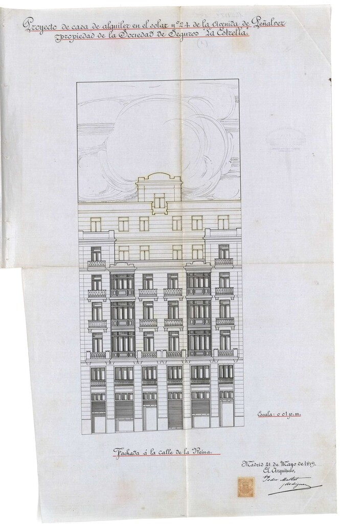 Miniatura de Fachada a la calle de la Reina del edificio propiedad de la Sociedad de Seguros La Estrella, Gran Vía 20
