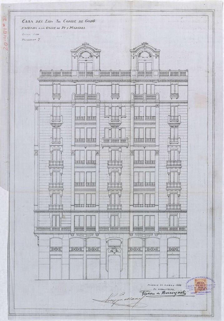 Miniatura de Fachada a la avenida de Pi y Margall de la memoria de construcción del edificio Gran Vía 44