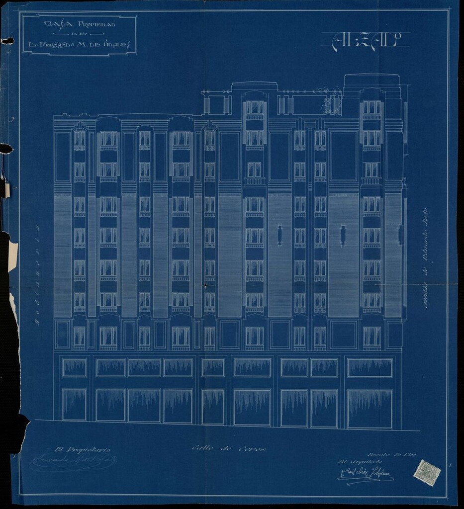 Miniatura de Alzado del edificio de viviendas propiedad de D. Fernando M. de Vidales situado en Gran Vía 52