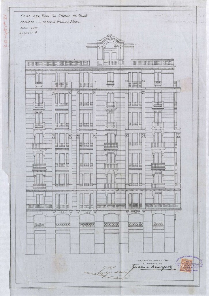 Miniatura de Fachada a la calle de Miguel Moya de la memoria de construcción del edificio Gran Vía 44