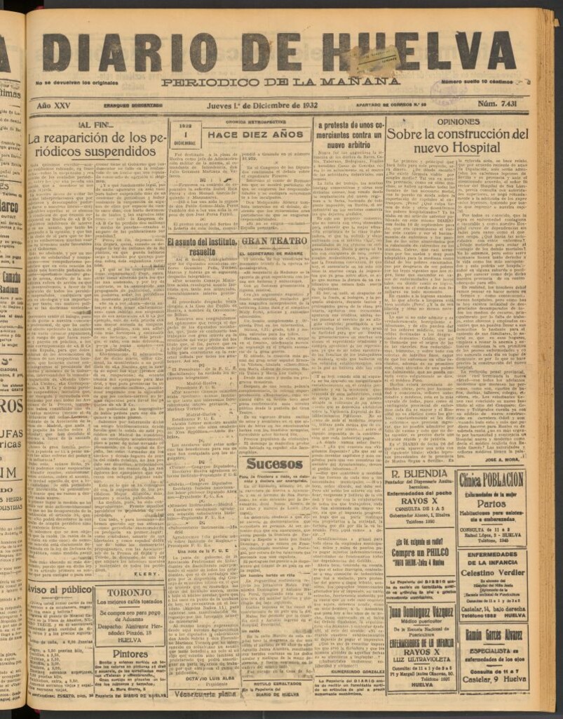 Miniatura de Diario de Huelva : periódico independiente del 1 de diciembre de 1932