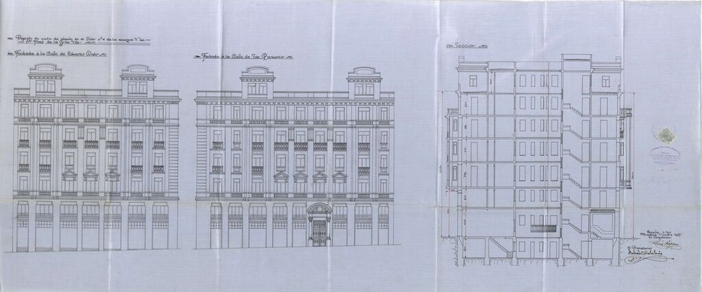 Miniatura de Plano del proyecto de construcción de las fachadas y sección del edificio Gran Vía 58