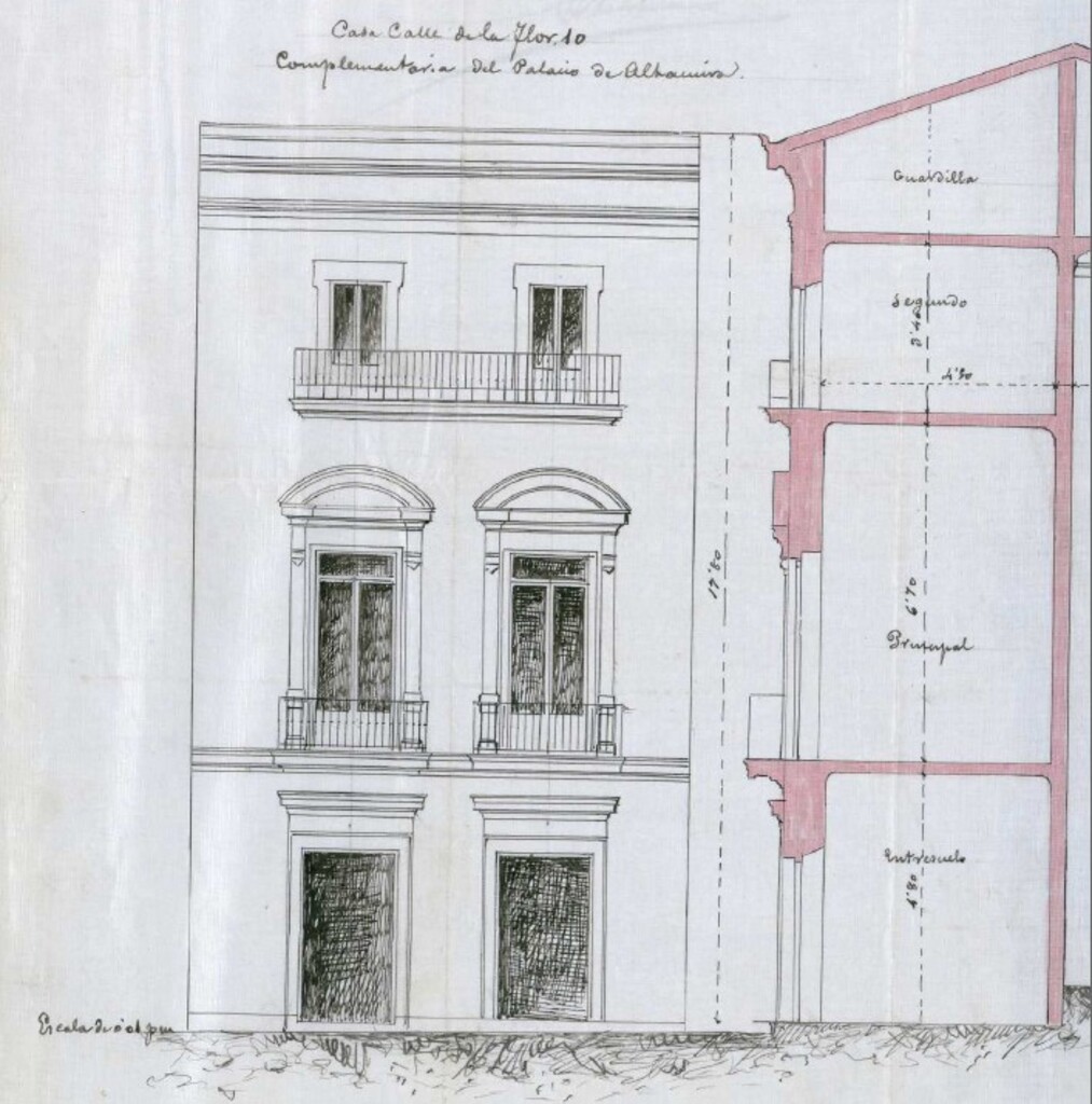 Miniatura de Expediente promovido por Don Mariano Belmás, arquitecto (en representación del dueño) en solicitud de licencia para reconstruir parte de la casa nº 10 de la calle de la Flor Alta (Palacio de Altamira)