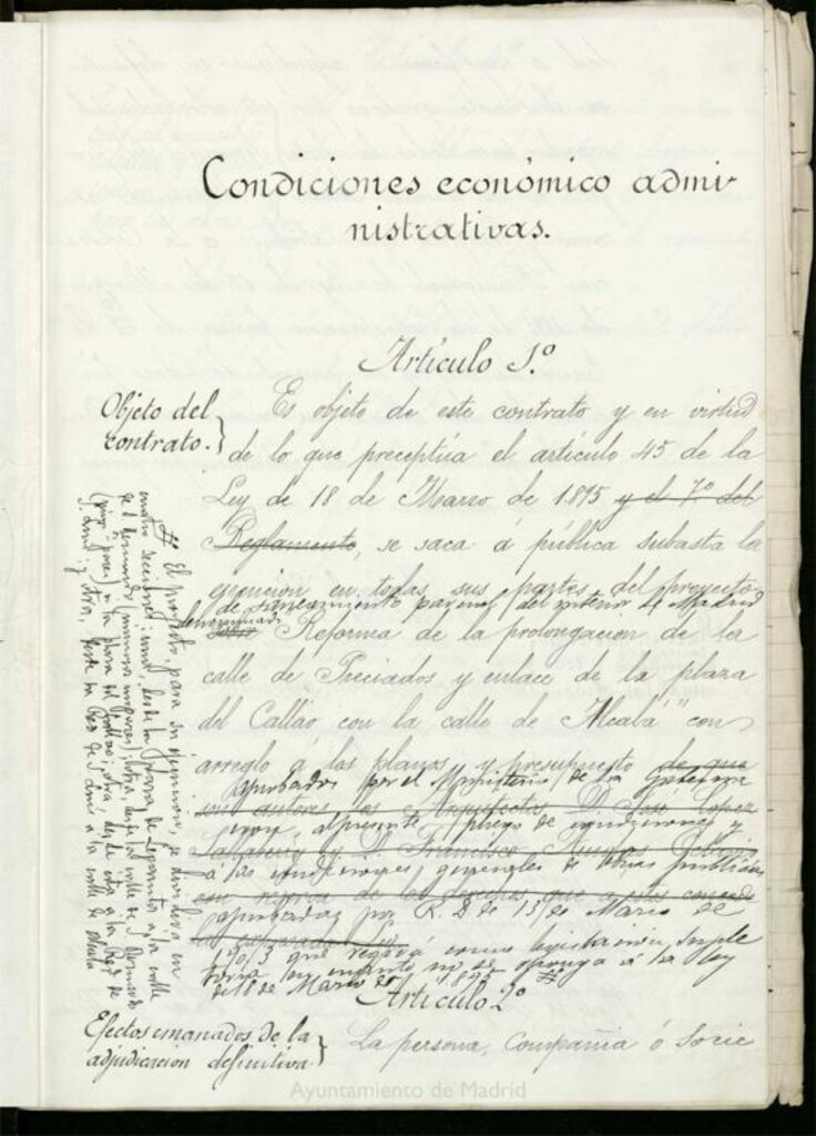 Miniatura de Contrato administrativo por el que se saca a pública subasta la ejecución en todas sus partes del proyecto de saneamiento parcial del interior de Madrid denominado Reforma de la prolongación de la calle de Preciados y enlace de la plaza del Callao con la calle de Alcalá...