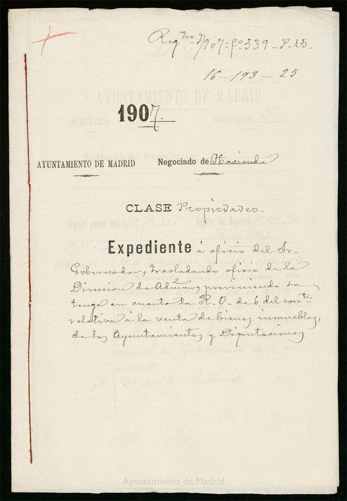 Miniatura de Expediente a oficio del Señor Gobernador, trasladando oficio de la Dirección de Administración, previniendo se tenga en cuenta la Real Orden de 6 del corriente relativa a la venta de bienes inmuebles de los Ayuntamientos y Diputaciones