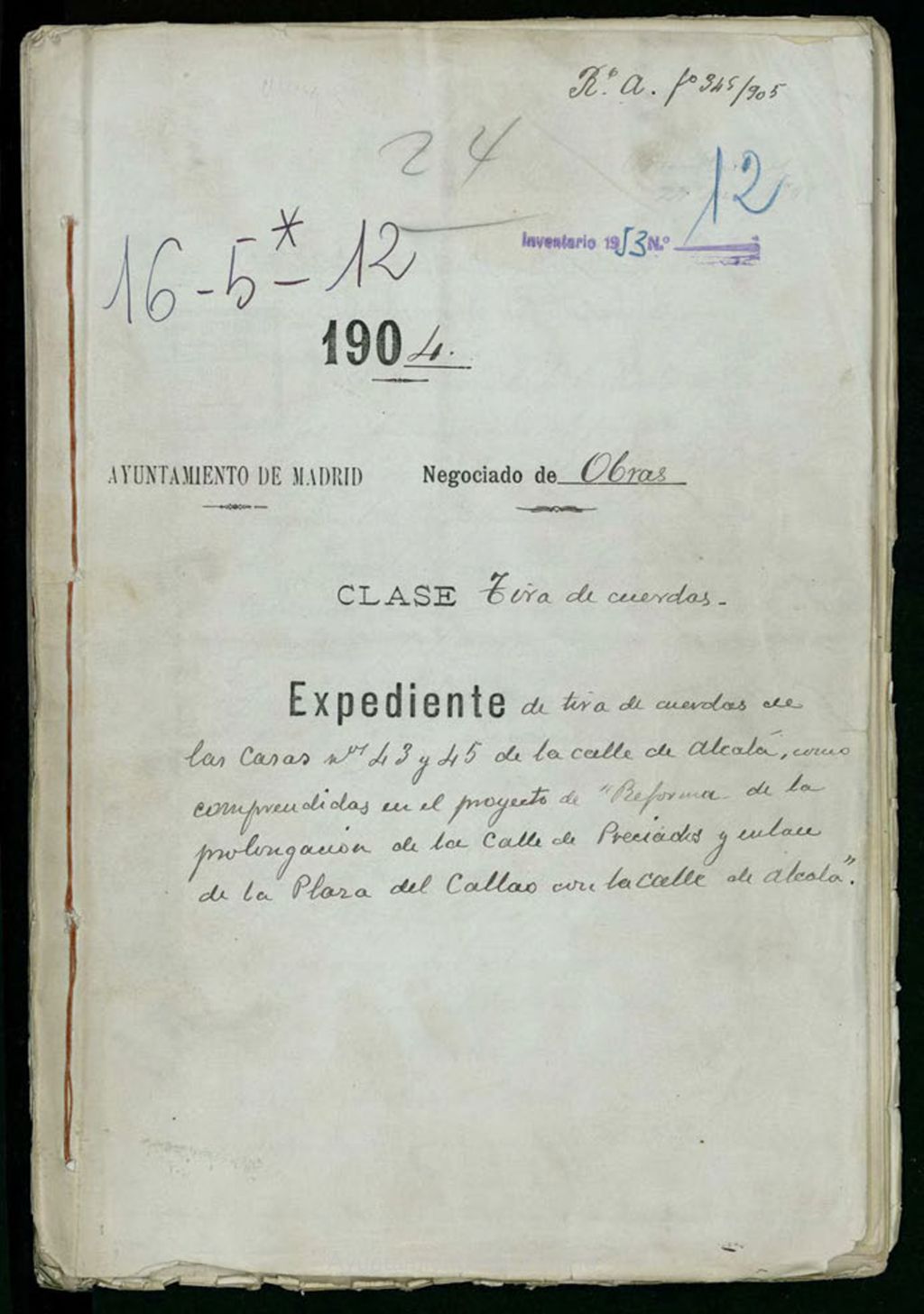 Miniatura de Tira de cuerdas de las casas nº 43 y 45 de la calle de Alcalá, comprendidas en el proyecto de "Reforma de la prolongación de la calle de Preciados y enlace de la plaza del Callao con la calle de Alcalá"