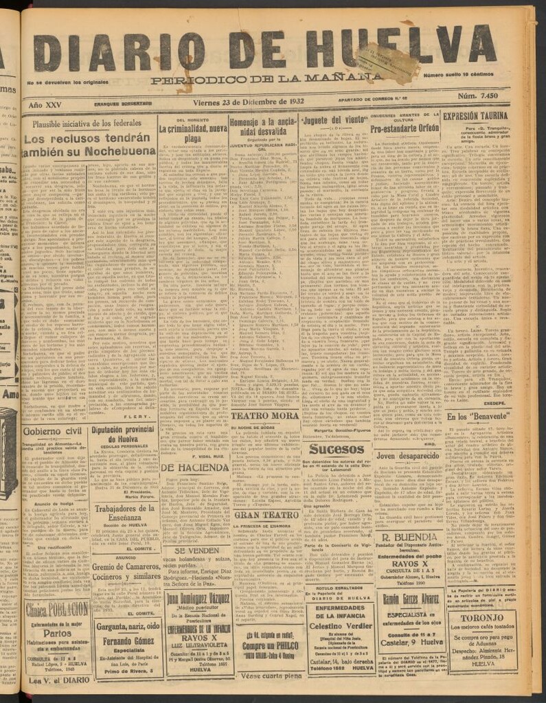 Miniatura de Diario de Huelva : periódico independiente del 23 de diciembre de 1932