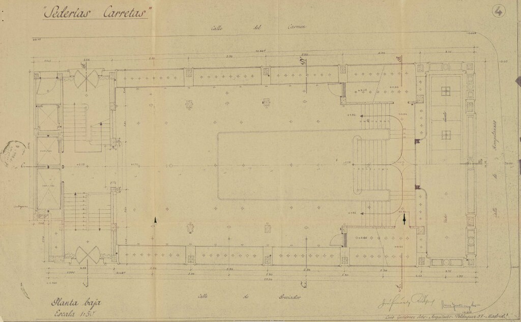 Miniatura de Planos de plantas (sótano, primera, ático, vivienda del portero) cimentación y secciones de los Grandes Almacenes Sederías Carretas